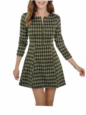 Allegra K Green Plaid Dress Zip Front Long Sleeve Knit Womens Large